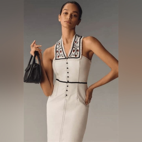 Maeve x Anthropologie Retro Strawberry Cotton Halter Midi Dress, Size 10 - Picture 2 of 8